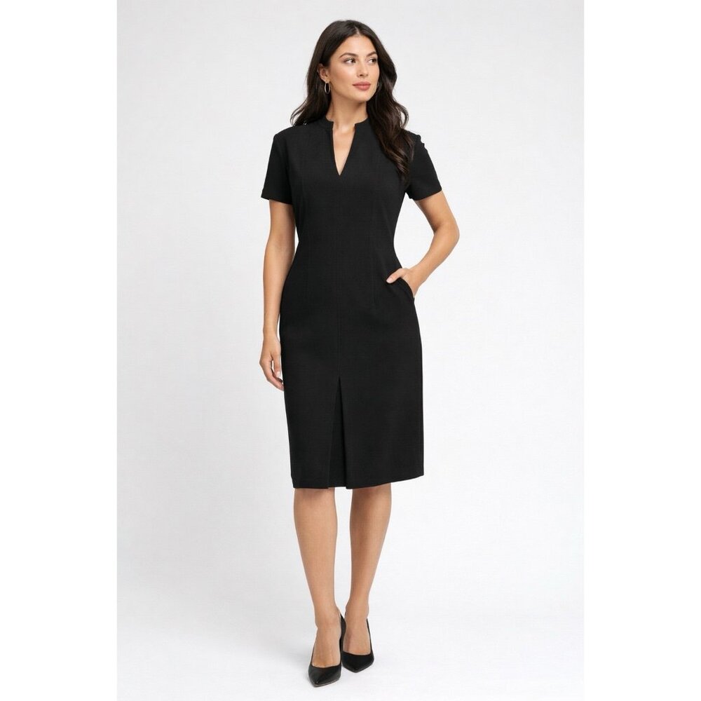 Talbots Black Stretch Sheath Dress Size 6 V Neck Short Sleeve Pockets  Career